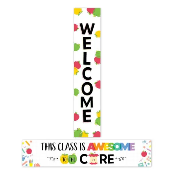 Welcoming school classroom decoration with colorful "Welcome" sign and cheerful classroom quote.