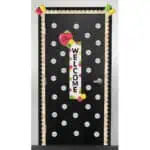 Colorful school classroom door decoration with student name tags and a welcoming theme.