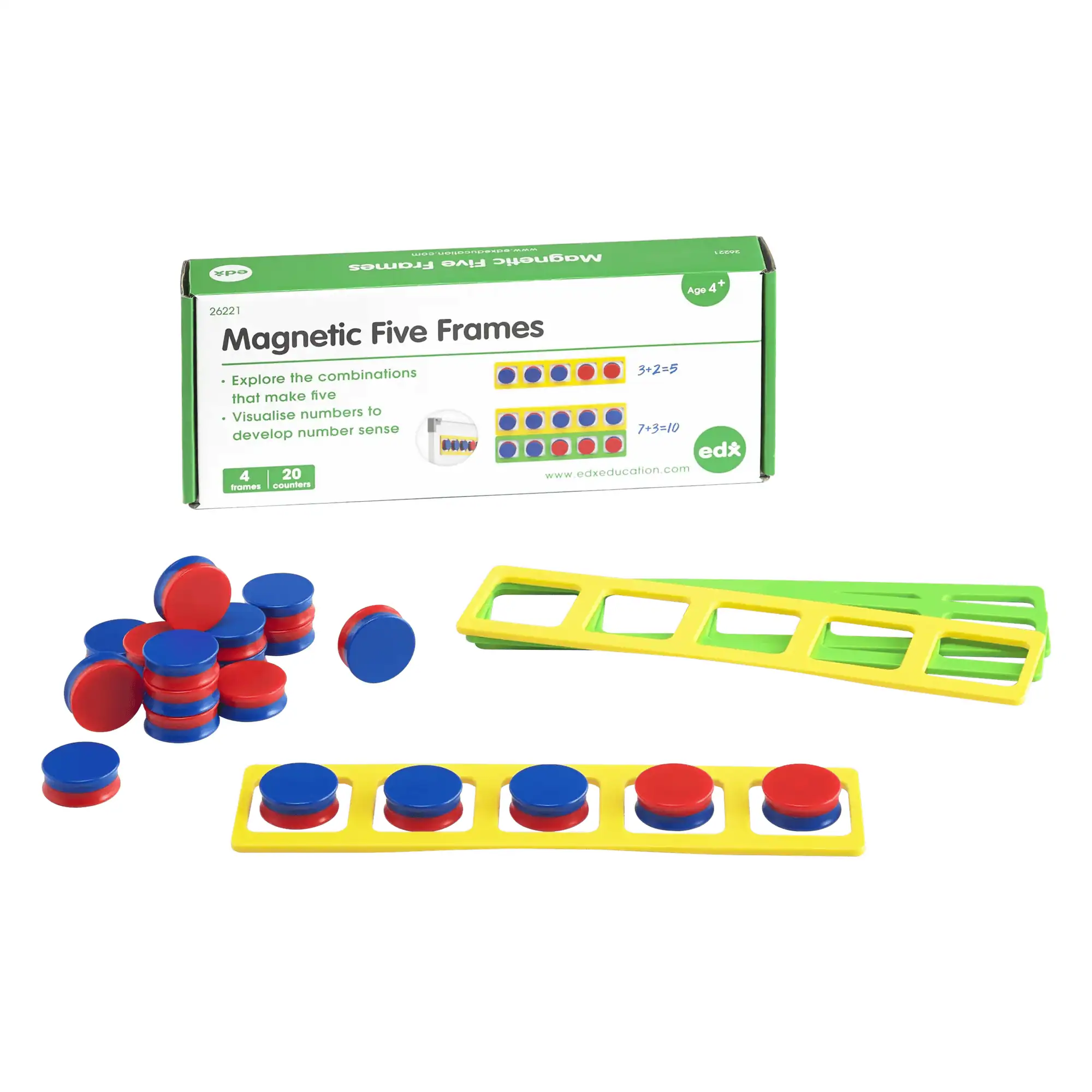 084df0d1-263a-4374-b31d-b901dfb4666e Colorful magnetic educational game with five frames and counters for learning numbers.