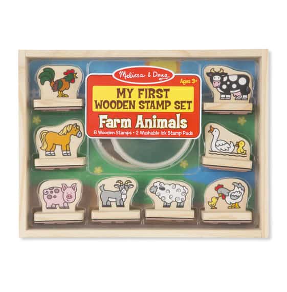 Wooden stamp set featuring farm animals