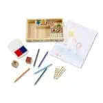Art supplies with stamps and paper