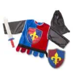 Kids' medieval knight costume with shield and foam sword, perfect for dress-up and role-playing games.