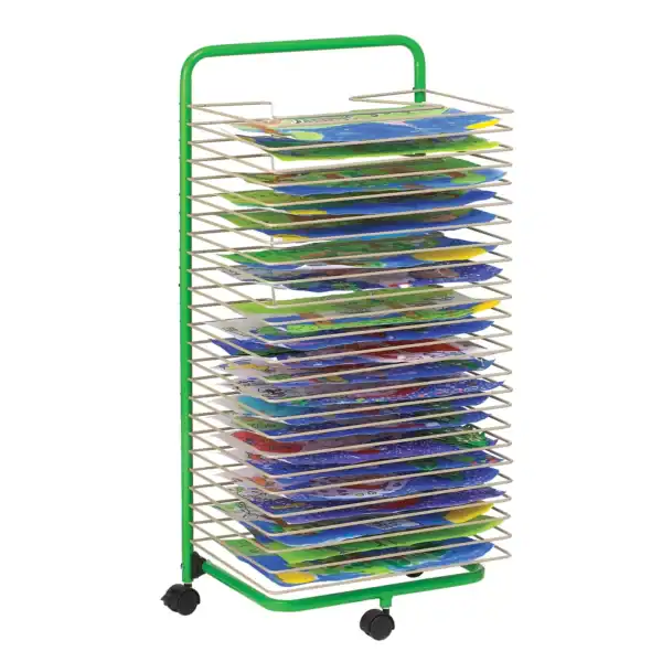 Colorful children's magazine rack with multiple shelves, ideal for school and library use.