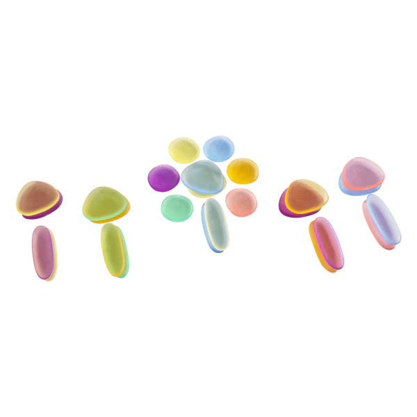 Colorful iridescent tablets or capsules scattered on a white background for educational or pharmaceutical use.