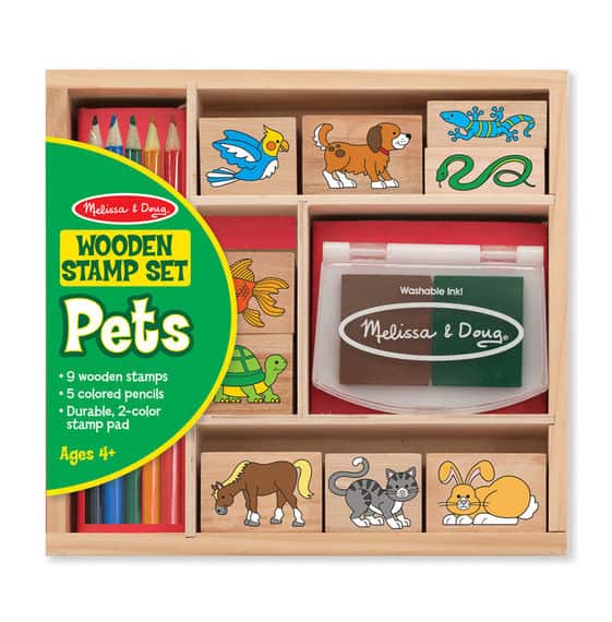 Wooden stamp set featuring pet illustrations