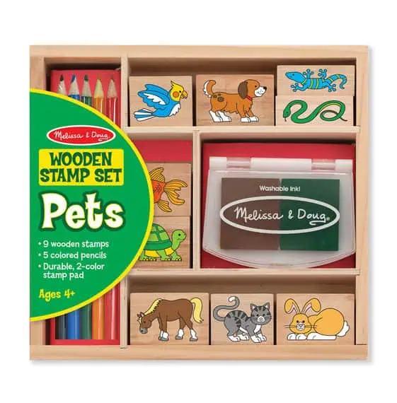 Wooden stamp set featuring pet illustrations