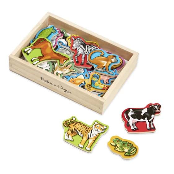 Colorful animal-shaped wooden puzzle pieces