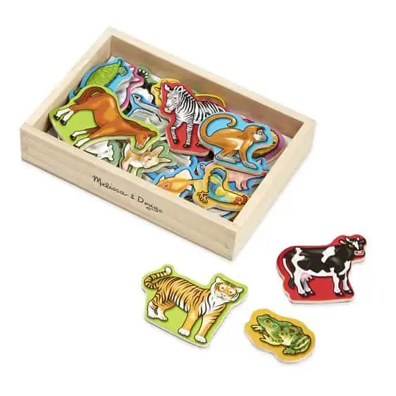 Colorful animal-shaped wooden puzzle pieces