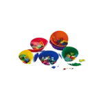 Vivid plastic containers filled with various school supplies like paper clips, erasers, and small building blocks.