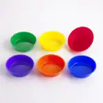 Vibrant set of plastic bowls in green, yellow, red, purple, orange, and blue, ideal for organizational and educational use.