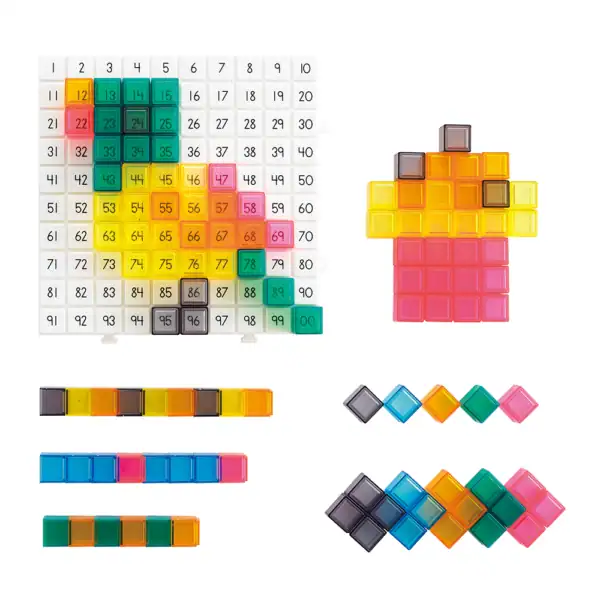 Bright, multi-colored plastic educational blocks for kids and students.