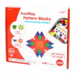 Colorful pattern blocks set for educational and creative activities for children aged 3+.