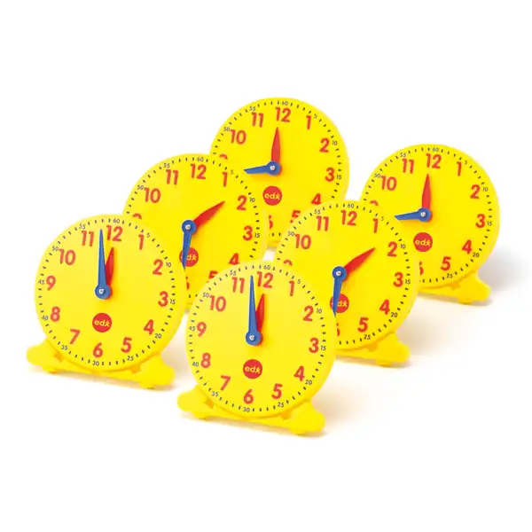 Bright yellow toy clocks with adjustable hands and large numbers for easy learning.