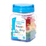 Brightly colored lowercase alphabet letters in a clear jar with a blue lid for school & classroom use.