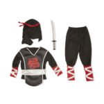 Photo of martial arts costume with sword, pants, and accessories on white background.