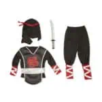 Photo of martial arts costume with sword, pants, and accessories on white background.