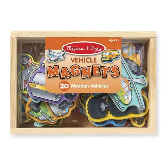 Wooden vehicle magnets in a box