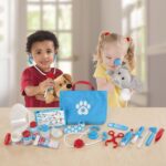 Children engaging with educational medical toys, doctor kits, and plush animals for learning.