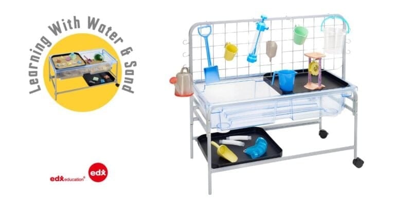 Colorful water and sand sensory table with various toys for early childhood learning and play.