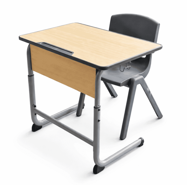 Modern school desk with a wooden top and ergonomic student chair for classroom comfort and functionality.