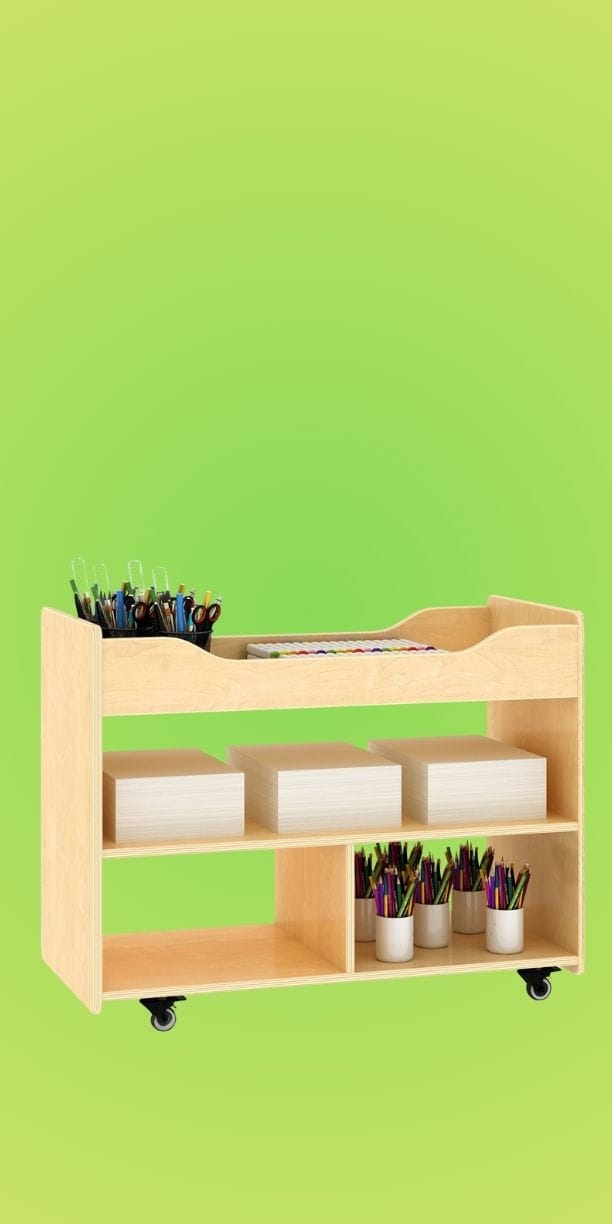 Colorful wooden rolling cart with storage for school and office supplies, versatile and mobile.