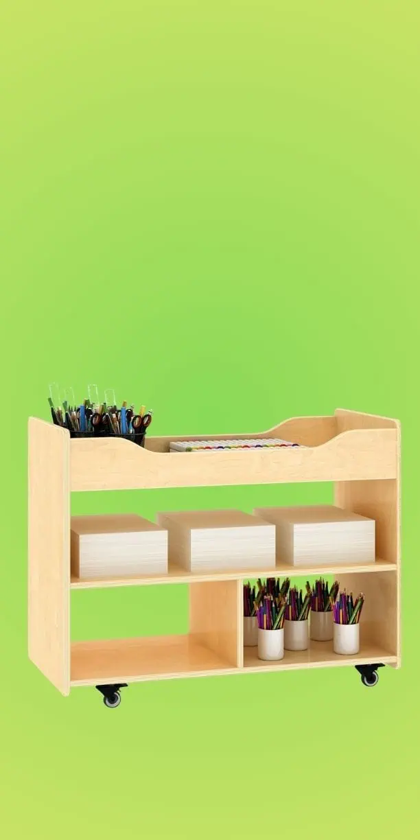 Colorful wooden rolling cart with storage for school and office supplies, versatile and mobile.