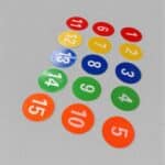 Numbered Floor Spot Markers 1–15 (20cm) — Carpet Discs with Mesh Bag
