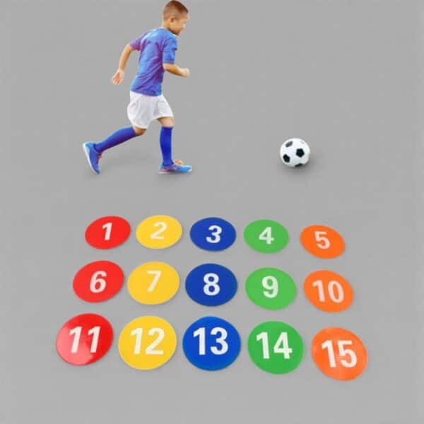 Numbered Floor Spot Markers 1–15 (20cm) — Carpet Discs with Mesh Bag