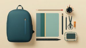 Flat lay of back to school supplies: backpack, notebooks, pencils and lunch box