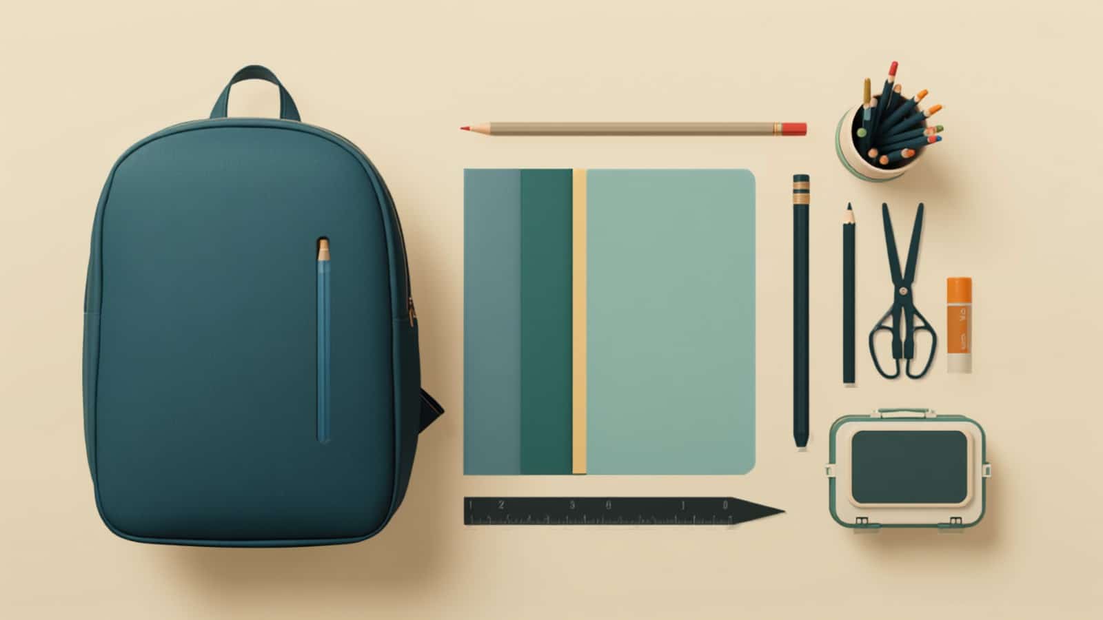 Flat lay of back to school supplies: backpack, notebooks, pencils and lunch box