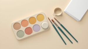 Classroom paint holder tray with colour wells, brushes and paper
