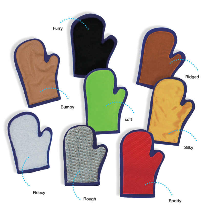 Eqd a set of 8 tactile mitts each with a different textured material on one side