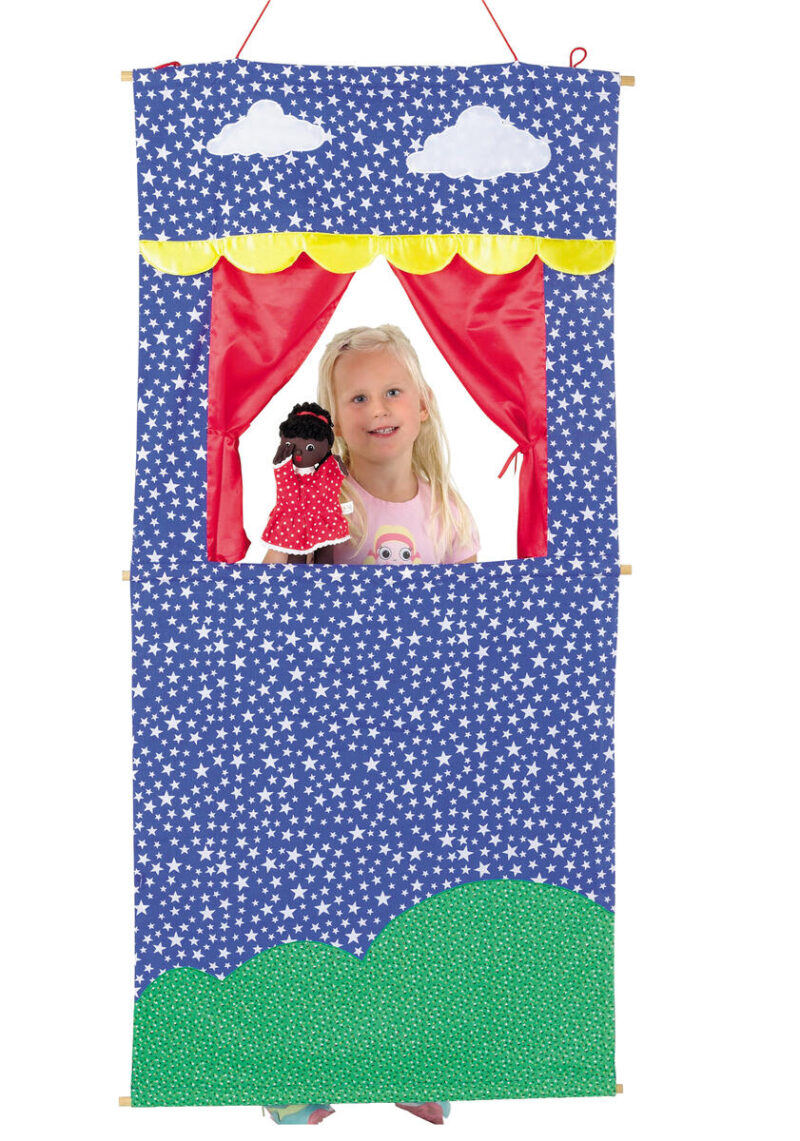 Eqd a colourful hanging theatre which can be hung in a doorway or room space.