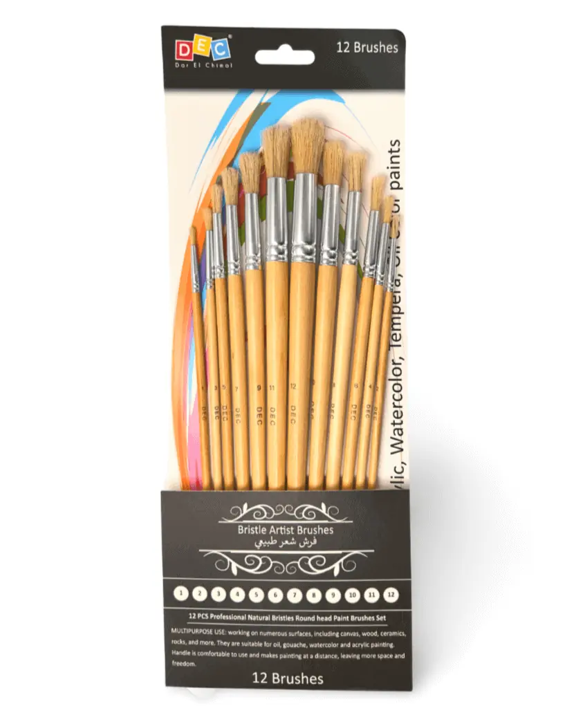 Dec paint brush set 12pcs round-pointed hog bristle hair long handle mixed art brushes