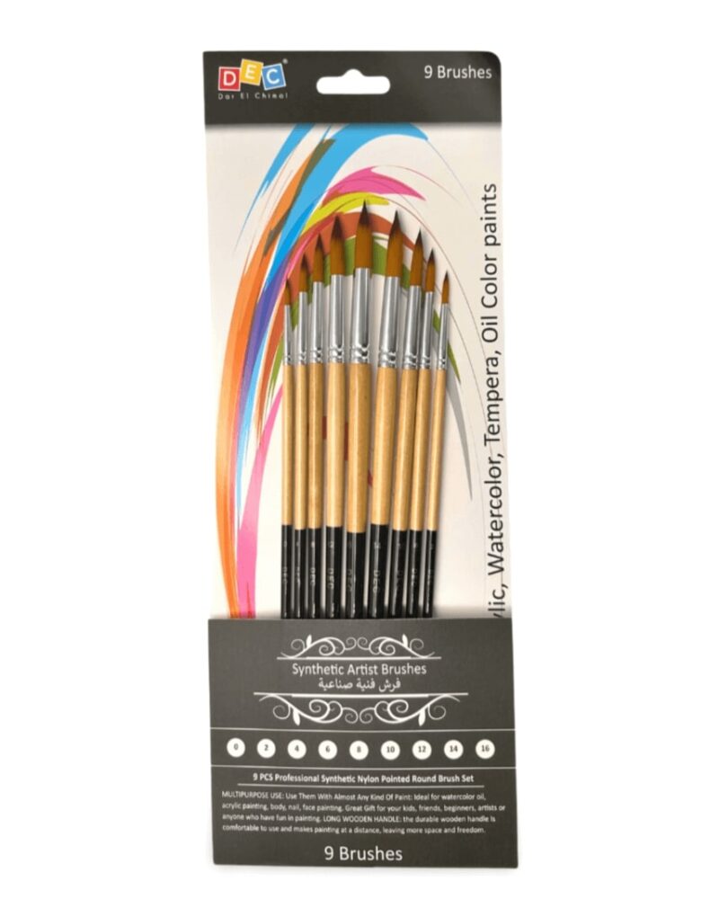 Dec the set of brushes include 9pcs of different sizes. Model 0#, 2#, 4#, 6#, 8#, 10#, 12#, 14#, 16#. , apply to oil, acrylic, watercolor, gouache, art painting, face painting, miniatures, detailing, craft art painting, model, etc.