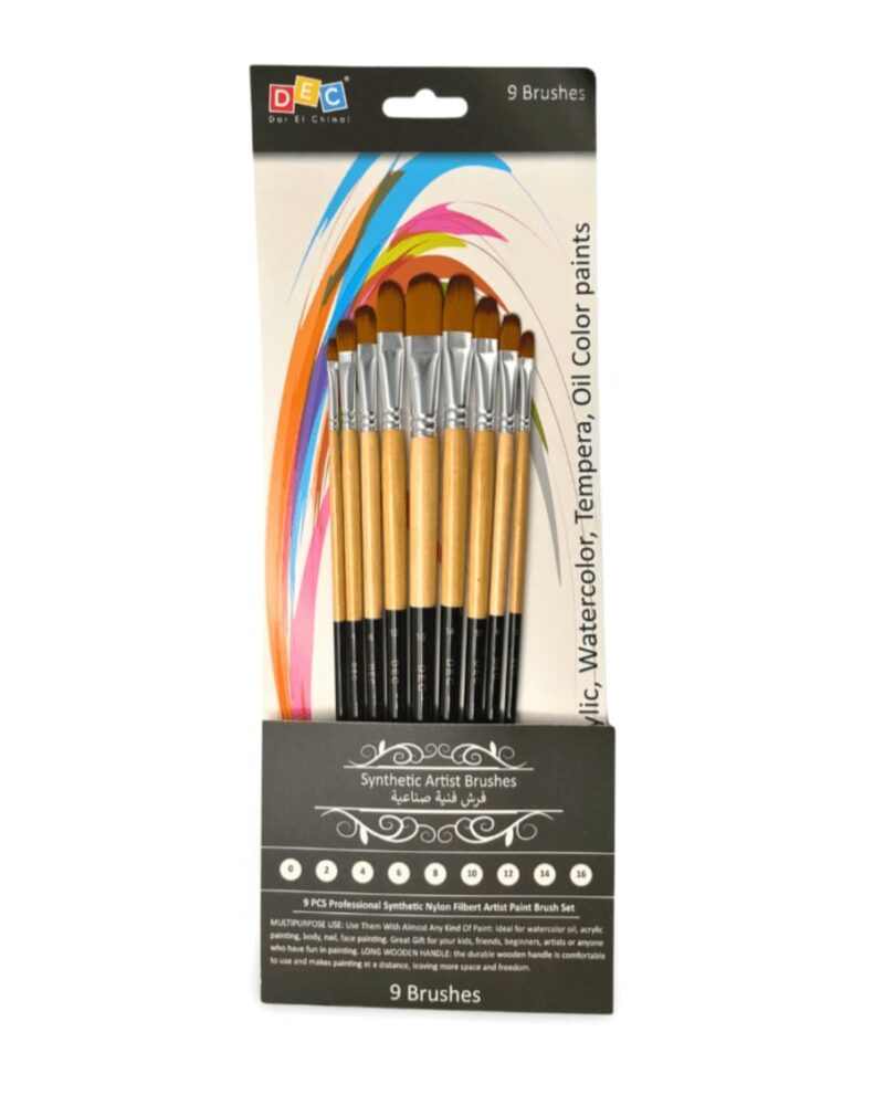 Dec set of 9 brushes in various sizes, including size#0, #2, #4, #6, #8, #10, #12, #14, #16. Suitable for professionals, art student, beginners, kids or hobby painters. Our filbert pointed tip brushes are strong absorbent and springy for watercolor painting and oil painting, and are soft enough for painting nail art, detail embellishment, body & face painting with acrylic paints.