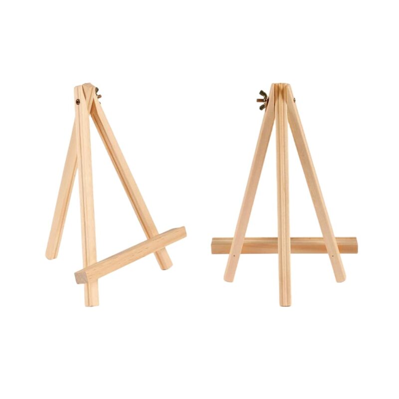 Dec tripod easel size: is 9. 4 inches/ 24 cm in length and 7. 1 inches/ 18 cm in width; foldable and lightweight, easy and convenient to store. Wood: natural pine wood , easy to stain and paint to the color you like, you can do craft projects with them. The mini easel can be applied to hold a mini painting showing activity or art party for kids, providing them fun and pleasure of painting