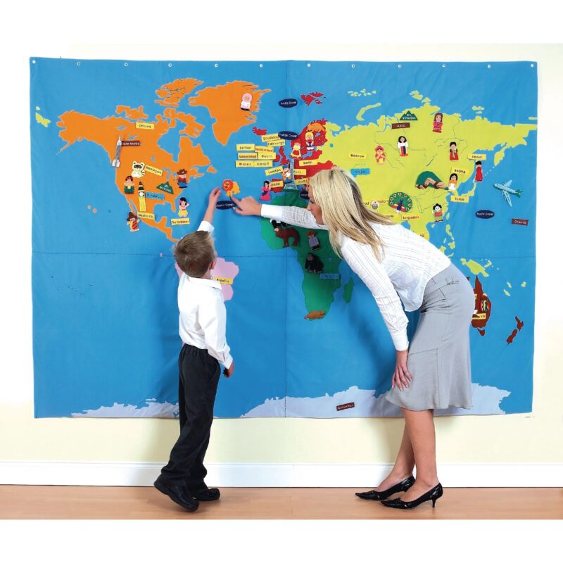 Eqd giant cloth world map with 184 attachable felt name and picture motifs: including names of continents, countries,capital cities,rivers, seas, oceans, mountains, deserts and pictures of animals, sea creatures, people, vehicles and more! Size : 147 x 200 cm age : age 3 years +. Not suitable for under 3 years - small parts.