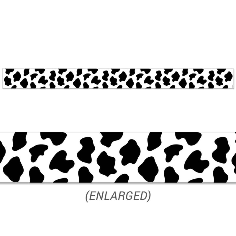 A close-up of a strip of black and white cow spots