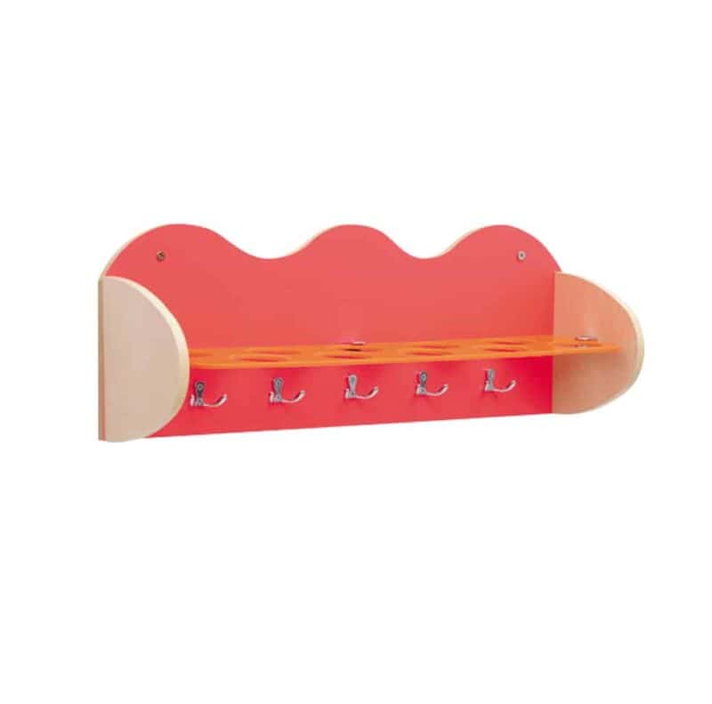 Red shelves for cups - 5 hooks for towels and space for 10 cups