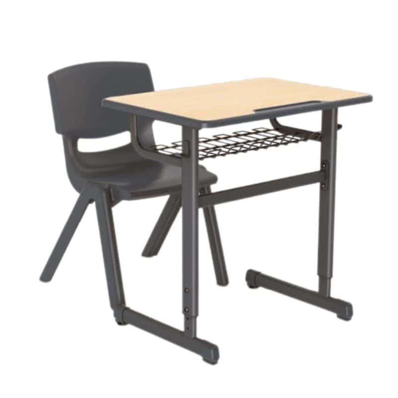 Student desk with adjustable height with mesh basket