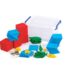 A plastic container with blocks and pieces of building blocks
