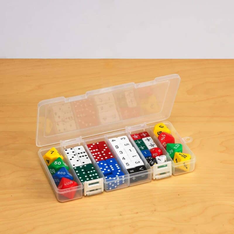 A plastic container with different colored dice