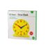 A yellow clock with red hands