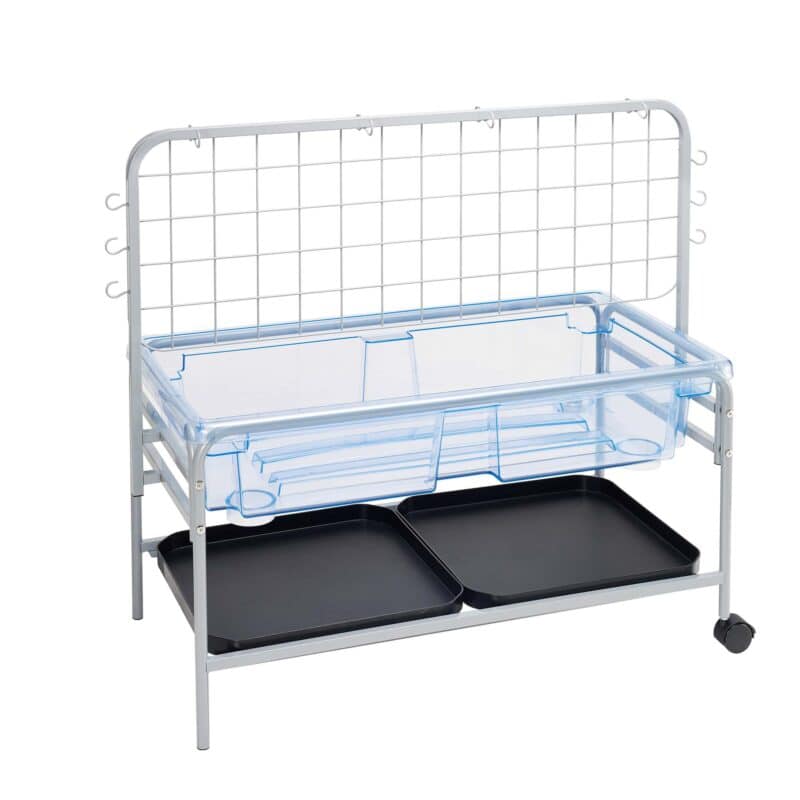 A metal and plastic tray on a white surface