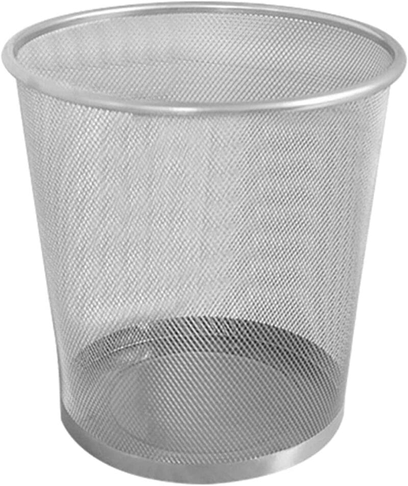 A silver trash can with a round lid
