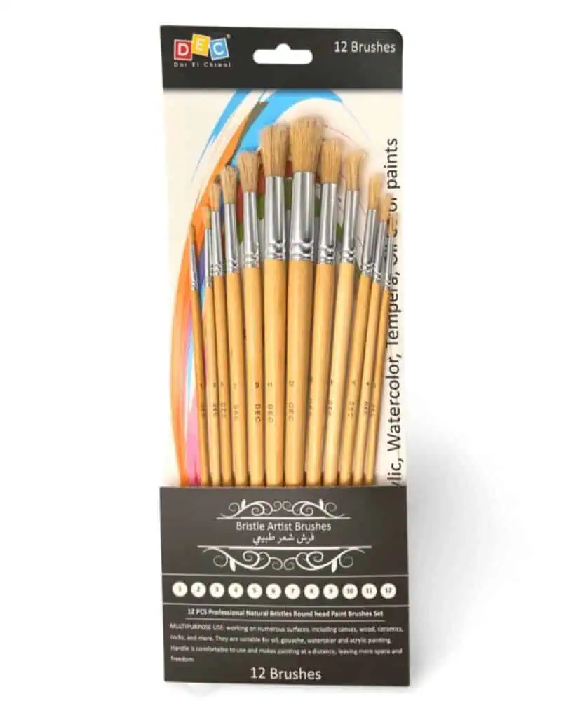 Paint brush set 12pcs round-pointed hog bristle hair long handle mixed art brushes