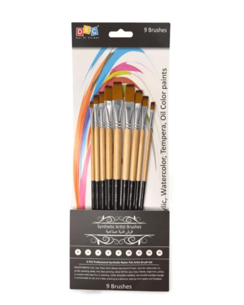 Paint brush set 9 pcs flat paint brushes set nylon hair long wood handles