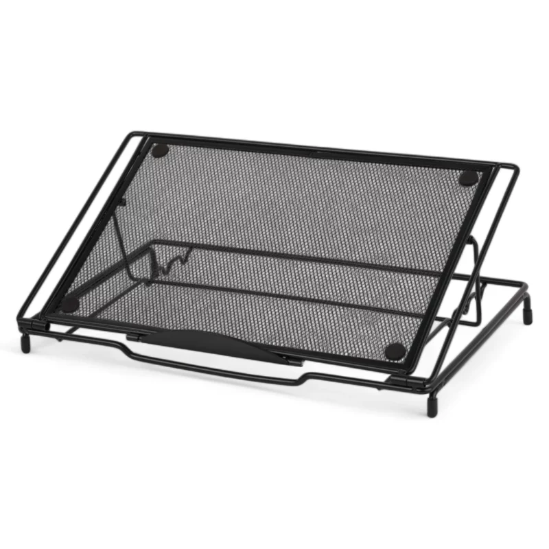 A black metal stand with a mesh cover