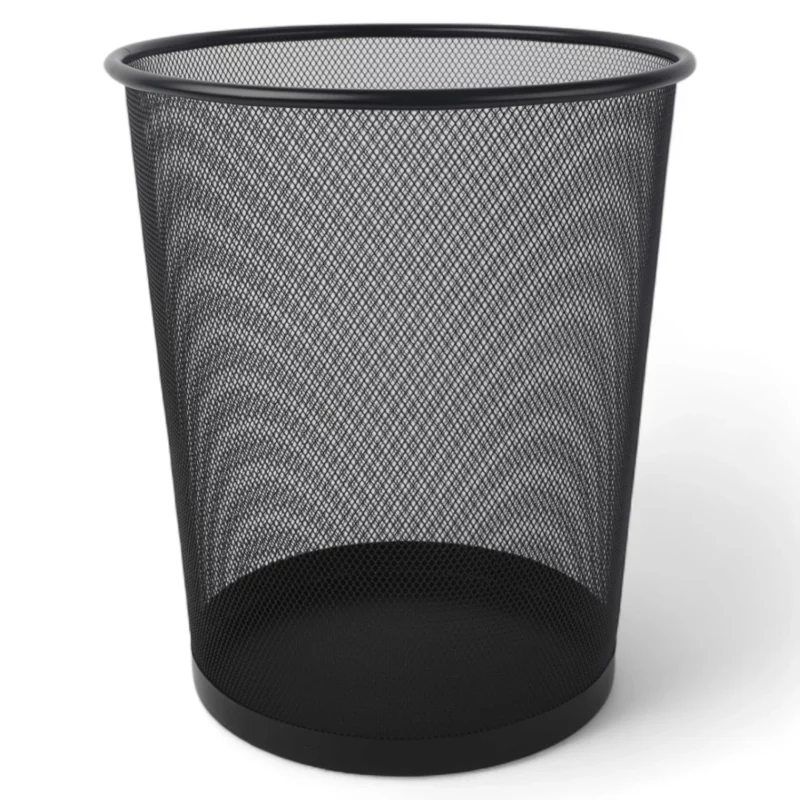 A black mesh trash can